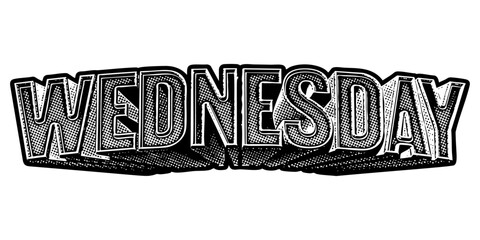 Poster - ‘Wednesday’ written in three-dimensional one-point perspective retro extruded block letters with grainy vintage halftone texture