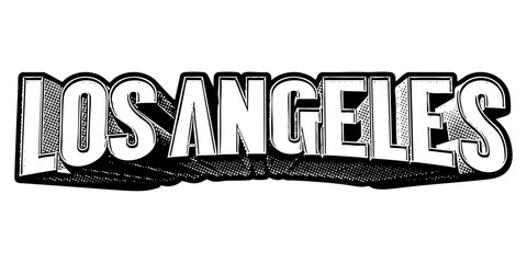 Poster - ‘Los Angeles’ written in three-dimensional one-point perspective retro extruded block letters with grainy vintage halftone texture