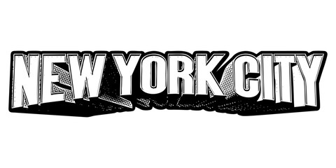 Poster - ‘New York City’ written in three-dimensional one-point perspective retro extruded block letters with grainy vintage halftone texture