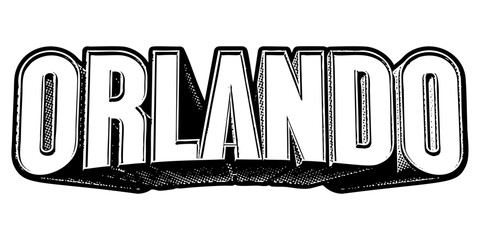 Poster - ‘Orlando’ written in three-dimensional one-point perspective retro extruded block letters with grainy vintage halftone texture