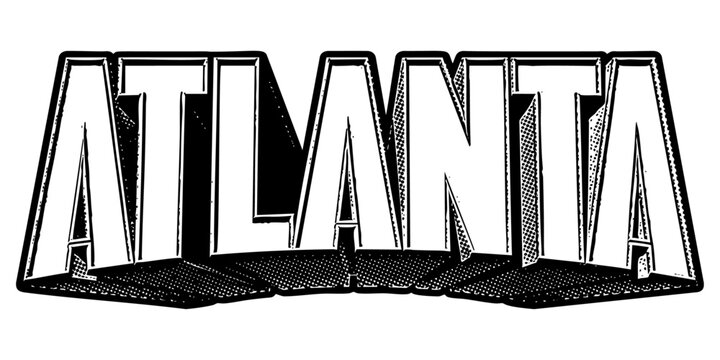 ‘Atlanta’ written in three-dimensional one-point perspective retro extruded block letters with grainy vintage halftone texture