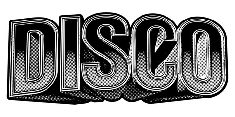 Poster - Word ‘Disco’ written in three-dimensional one-point perspective retro extruded block letters with grainy vintage halftone texture