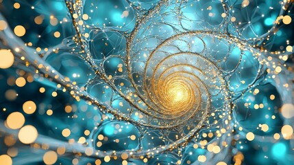 Poster - Abstract spiral pattern with glowing orbs and intricate web-like structure in vibrant blue and gold hues