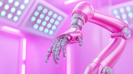 Poster - Futuristic Pink Robotic Arm in Modern Interior with Neon Lights and High-Tech Environment for Conceptual Imagery