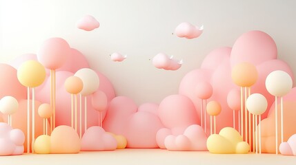 Poster - Soft pastel scene with fluffy clouds and whimsical trees in a dreamy landscape of pink and yellow hues