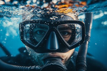 Wall Mural - A diver with a snorkel and mask investigates the vibrant underwater environment in a crystal clear ocean, surrounded by bubbles. Generative AI