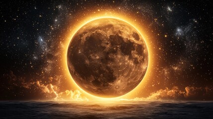 Wall Mural - Glowing Celestial Body, Cosmic Orb, Fiery Halo, Mystical Moon, Space Phenomenon