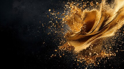 Poster - Abstract Gold Powder Explosion on Dark Background with Dynamic Flowing Particles