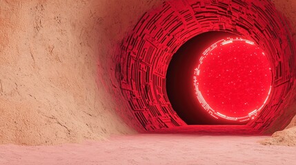 Poster - futuristic red portal in desert cave with technological patterns on walls