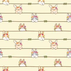 Wall Mural - Seamless Pattern with Cartoon Rabbit Face and Line Design on Light Yellow Background. 