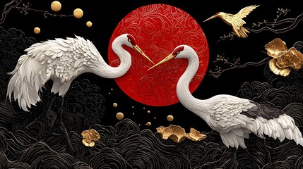 Wall Mural - Two white cranes facing each other against a red sun and black background with gold accents.