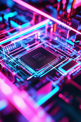Poster - Neon Circuitry: Close-up of a computer processor with vibrant pink and blue neon lighting, showcasing intricate circuitry and technological detail.