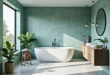 Wall Mural - Bathroom with tub and green walls, two plants, two white sinks