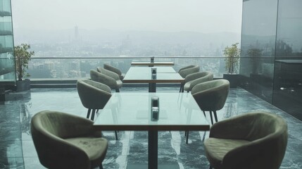 Poster - A rooftop cafe with glass tables and modern chairs overlooking a city skyline, seen from a top view.