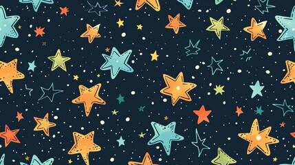 Canvas Print - a seamless pattern of colorful hand-drawn stars on a dark blue background.