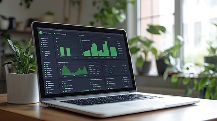Poster - A high-resolution financial management dashboard with growth tracking graphs displayed on a laptop in a tidy office setup.