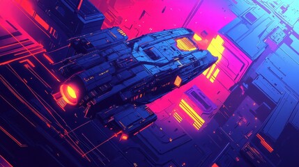 Wall Mural - Futuristic Spaceship Navigating Neon Cityscape