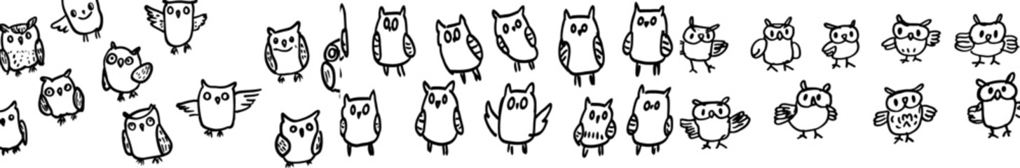 Poster - Circle shape coloring page featuring owls. Black and white print for a coloring book with adorable birds. Outline background. Modern illustration