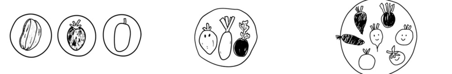 Poster - Circle-shaped coloring page with doodle vegetables. Eco-friendly food in black and white, suitable for a coloring book