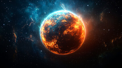 Wall Mural - Fiery Cosmic Wonder: A Blazing Planet in the Heart of a Vibrant Nebula