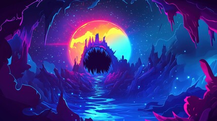 Wall Mural - Alien Landscape With Gigantic Mouth And Bright Planet