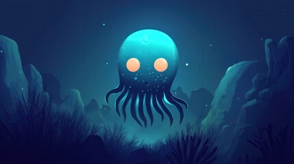 Wall Mural - celestial octopus hovers over dark blue landscape