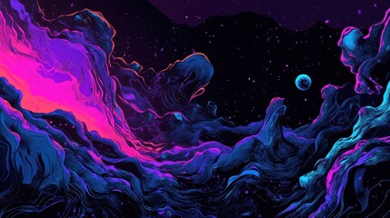 Wall Mural - Abstract Cosmic Landscape Neon Swirls And Stars