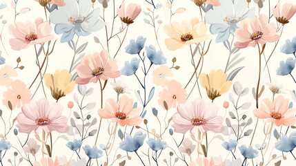 Poster - A floral pattern with light pink and blue flowers on a cream background.