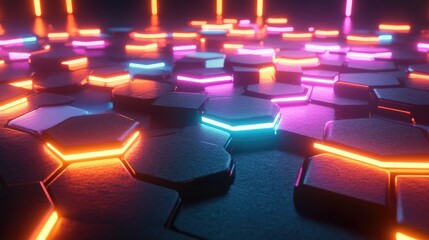 Poster - Geometric hexagon patterns with glowing edges and a gradient background, evoking a tech theme.