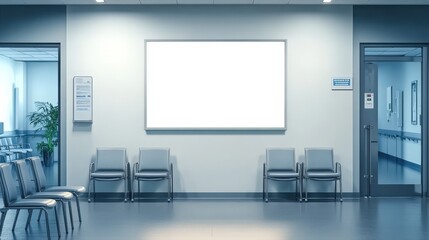 Poster - A modern, spacious waiting room with comfortable seating and a blank display board on the wall, ideal for medical or professional environments.