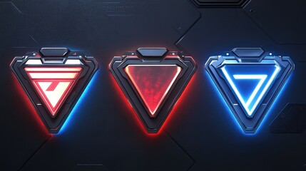 Poster - Geometric triangular designs with glowing edges and metallic textures, evoking futuristic tech.