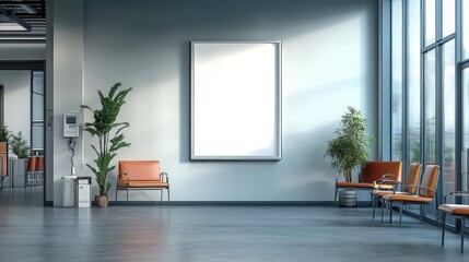 Wall Mural - Modern minimalist waiting area with large empty frame, orange chairs, and natural light streaming through wide windows