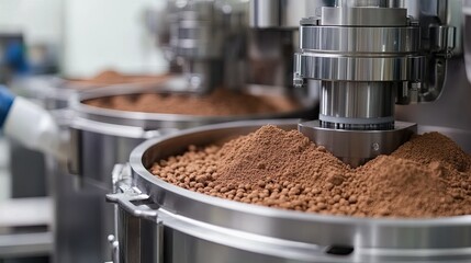 Poster - Large industrial blending machines in operation in a health supplement manufacturing plant, with ample copy space.