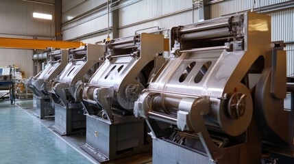 Poster - Large industrial blending machines in operation in a health supplement manufacturing plant, with ample copy space.