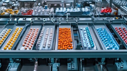 Poster - Overhead view of sorting machines organizing tablets by size and color in a high-tech factory, leaving copy space.