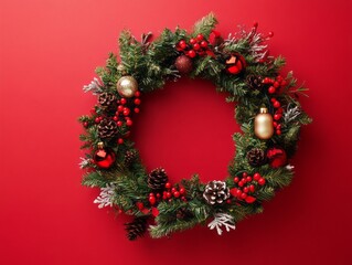 Festive Christmas Wreath Decorated With Red And Gold Ornaments