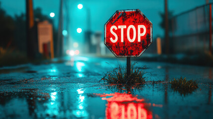 Wall Mural - STOP, A glowing, faintly illuminated broken stop sign in rainy conditions, captured in high fidelity, showcasing urban decay and atmospheric lighting.