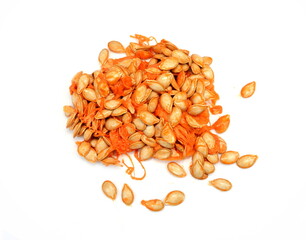 Wall Mural - Wet fresh pumpkin seeds extracted from the pumpkin isolated