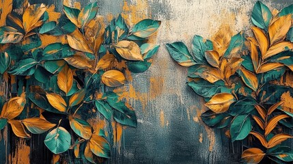 Poster - vibrant texture of green and orange leaves with abstract background featuring shades of blue and gra