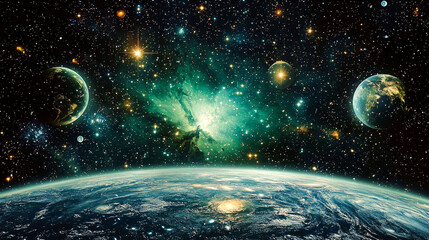 Wall Mural - Cosmic Wonders: A breathtaking journey through the universe, showcasing nebulae, galaxies, and planets in a vibrant display of celestial beauty.