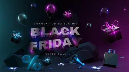 Wall Mural - Black Friday poster template with realistic 3D elements such as bag, balloons, ribbons, megaphones, gift boxes and % and rainbow glowing effect in stone scene.