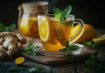  In the photo, there is a glass cup of ginger tea with lemon and mint leaves on a wooden table.