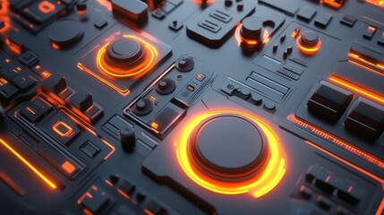 Fototapete - Top view of futuristic D geometric shapes with neon highlights on a dark surface.