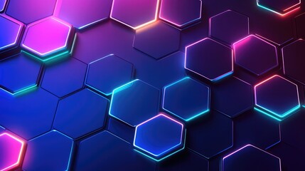 Poster - Top view of hexagonal grids with luminous edges on a dark gradient background, representing innovation.