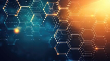 Poster - Top view of hexagonal grids with luminous edges on a dark gradient background, representing innovation.