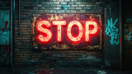 Wall Mural - STOP, A vibrant neon stop sign flickering in a dark alley, capturing an urban night scene with high-quality detail and vivid colors.