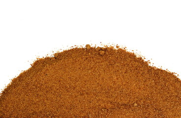 Wall Mural - Pile of coconut palm sugar isolated on a white background. Coco sap sugar or coconut blossom. Coconut palm sugar as a sprinkle for cakes and pies.