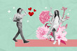 © deagreez - Photo cartoon comics sketch collage of two happy girl guy greeting bouquet celebration valentine event lady dance flower heart