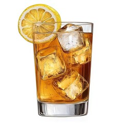 Wall Mural - A glass of sweet tea with lemon and ice cubes, white background