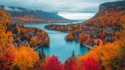 Canvas Print - Autumnal town lake view.